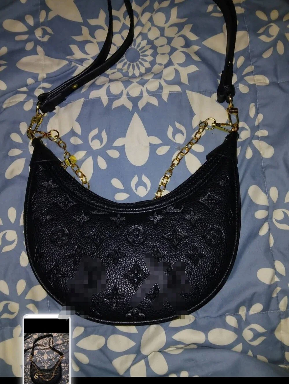 Black Leather Crescent Shoulder Bag with Gold Chain